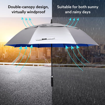 G4Free 68 Inch UV Protection Golf Umbrella Auto Open Extra Large Windproof Sun and Rain Umbrellas Double Canopy (Silver/Blue)