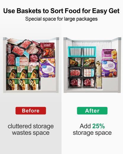 iSPECLE Freezer Organizer Bins - 4 Pack Small Stackable Deep Freezer Organizer Bins for 7 Cu.Ft Freezers Easy Get Bottom Foods without Digging, Chest Freezer Organizer Prevent Frozen Food Waste, Black