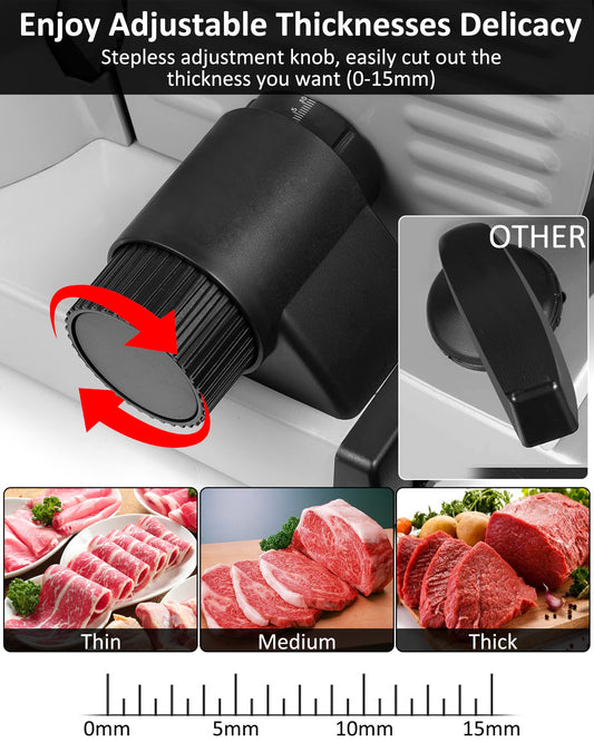 Meat Slicer, 200W Electric Deli Food Slicer with 2 Removable 7.5'' Stainless Steel Blades and Tray, Adjustable Thickness for home use,Child Lock Protection,Easy to Clean,Cuts Meat, Bread and Cheese