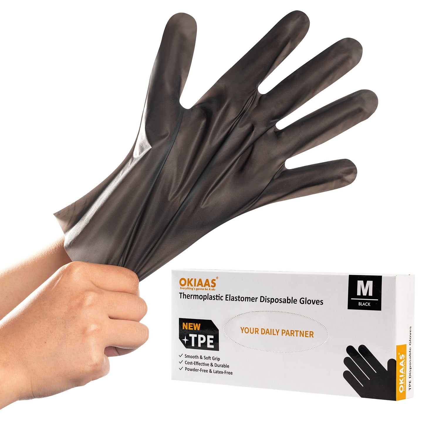 OKIAAS Black Plastic Gloves (100-Count) Latex Free, for Kitchen Cooking Salon| Food Handling Serving, Hair Dying Coloring Gloves Medium