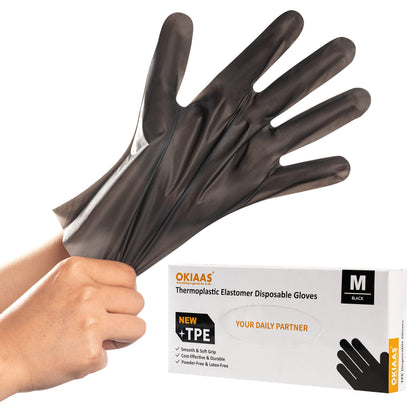 OKIAAS Black Plastic Gloves (100-Count) Latex Free, for Kitchen Cooking Salon| Food Handling Serving, Hair Dying Coloring Gloves Medium