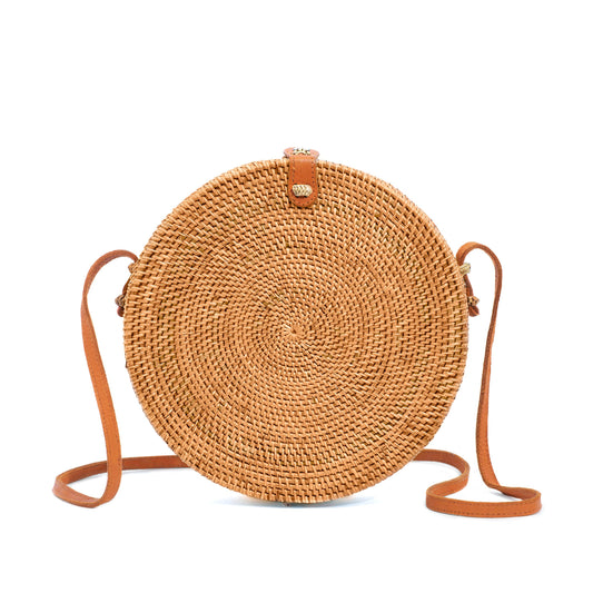 Novum Crafts Round Rattan Bag for Women - Handmade Ata Wicker Woven Purse - Circle, Square, Oval Brown Straw Boho Bags