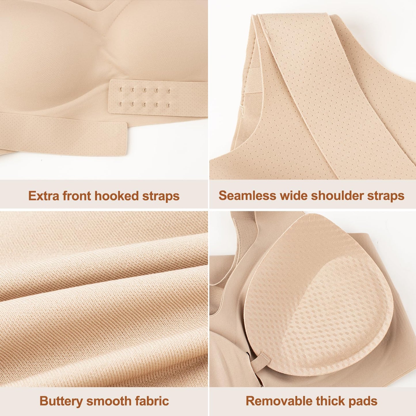 Posture Bra for Women Wireless Push Up Bralette Full Coverage Back Support Brasieres, Beige, L