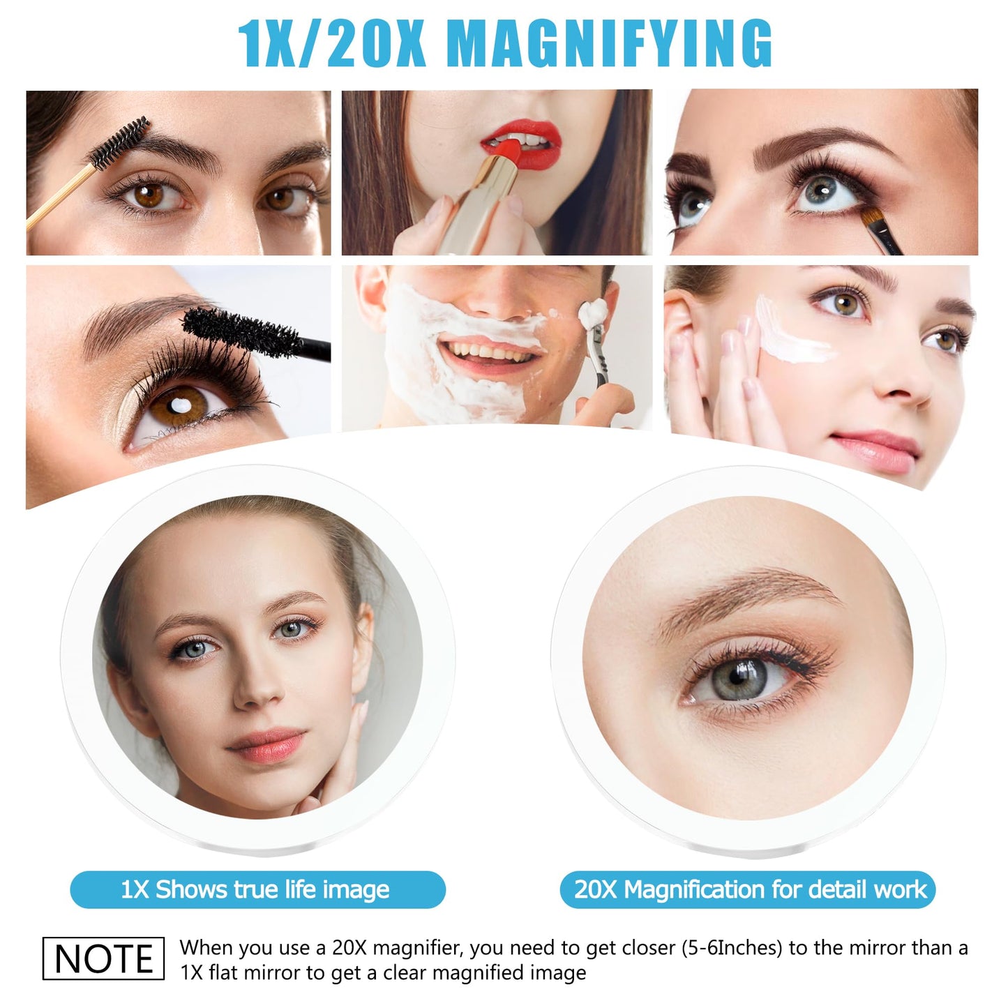 MIYADIVA 20X Magnifying Mirror with Light, Travel Magnifying Mirror, 1X/20X Vanity Mirror with Light, Adjustable Handle Travel Makeup Mirror, Touch Switch Light up Mirror for Plucking Eyebrows