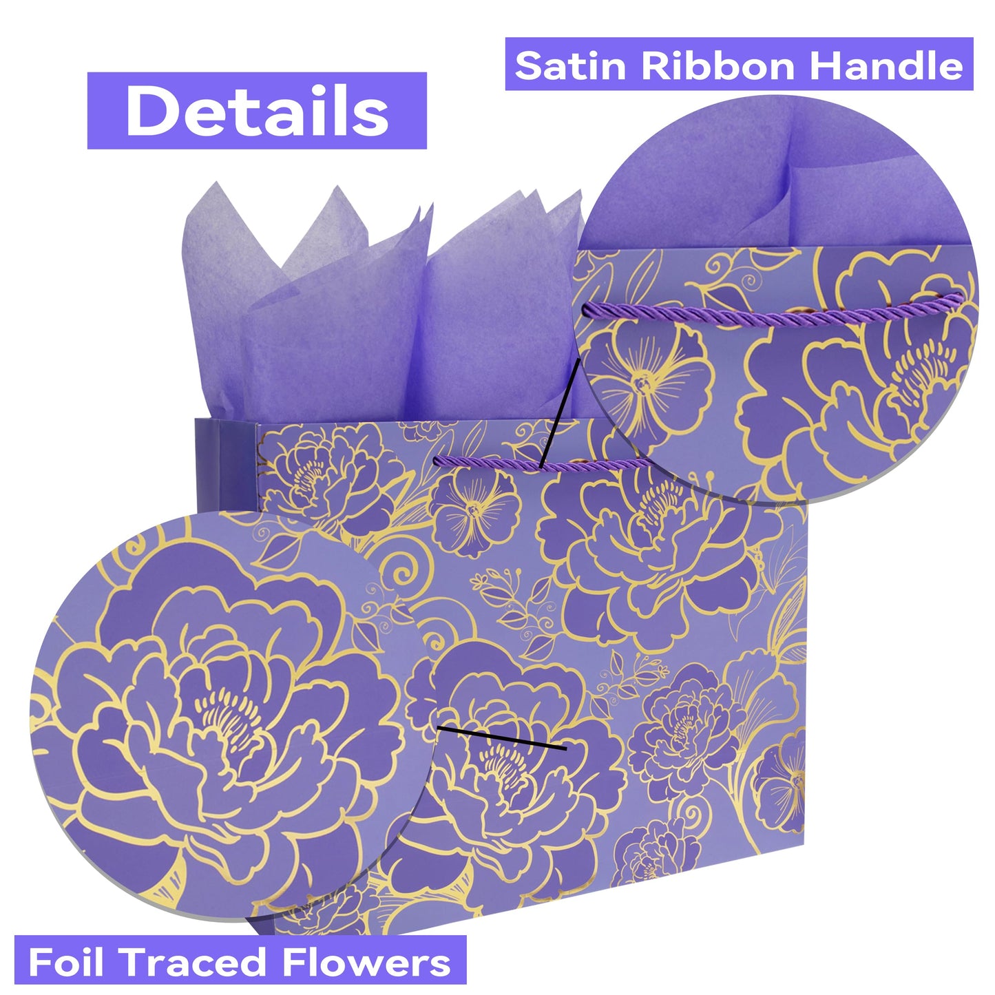 Qirrmiy 13" Large Rose Purple Gift Bag Set with Greeting Card and Tissue Paper for Women or Girls for Celebrating Birthdays, Valentine's Day, Weddings, Anniversaries, Mother's Day