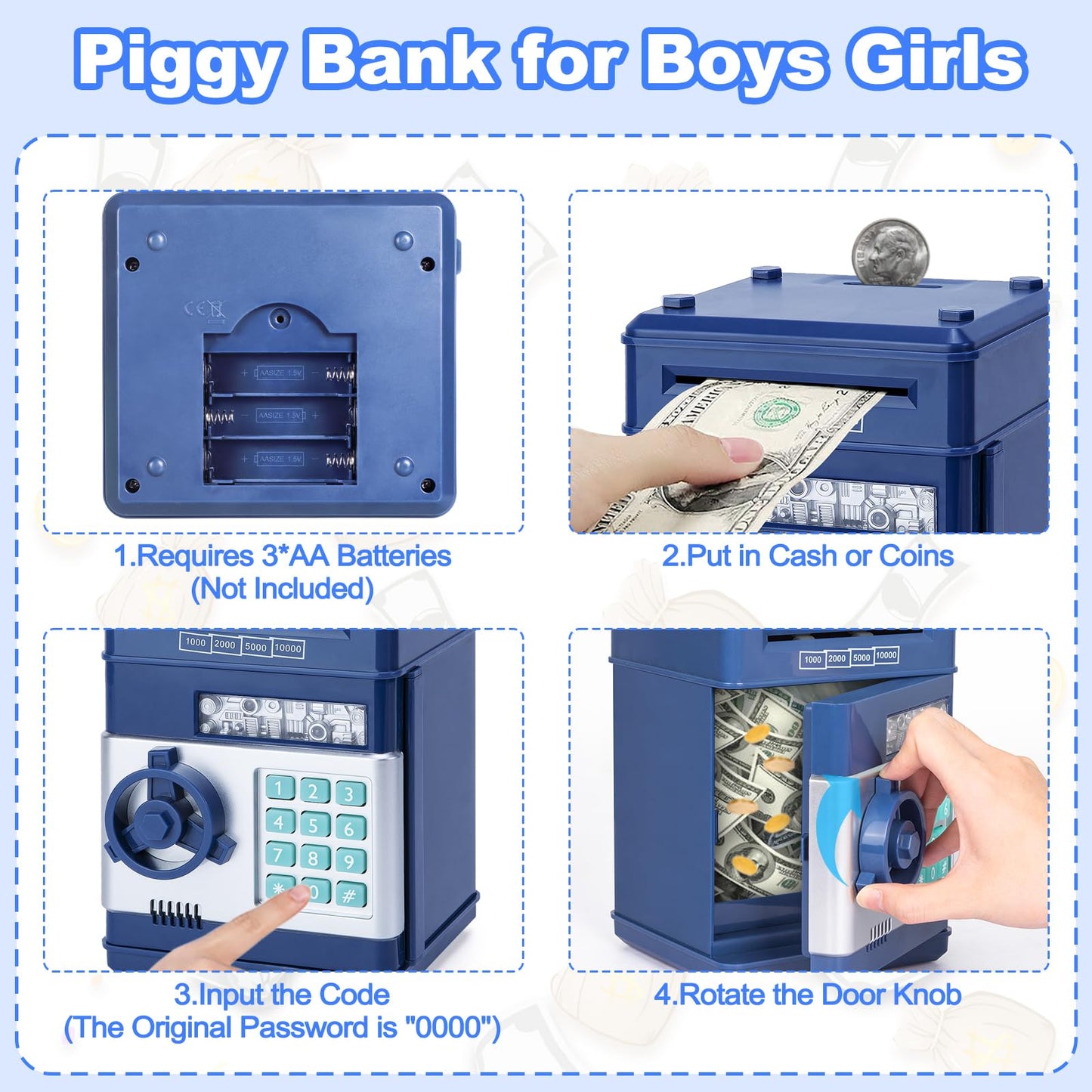 Piggy Bank for Boys,Refasy Electronic Piggy Banks Password Money Saving Box Gifts for 11 Year Old Boy Money Bank Toy Birthday Gifts for Boys Girls Kids Safe Cash Coin Can(Navy)