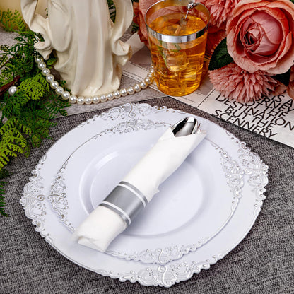 Hioasis 210pcs White and Silver Plastic Plates - Elegant Disposable Dinnerware Set Suitable for 30 Guests Include 10.25 Dinner & 7.5 Dessert Plates, Pre Rolled Silverware Set, Cups for Party & Wedding