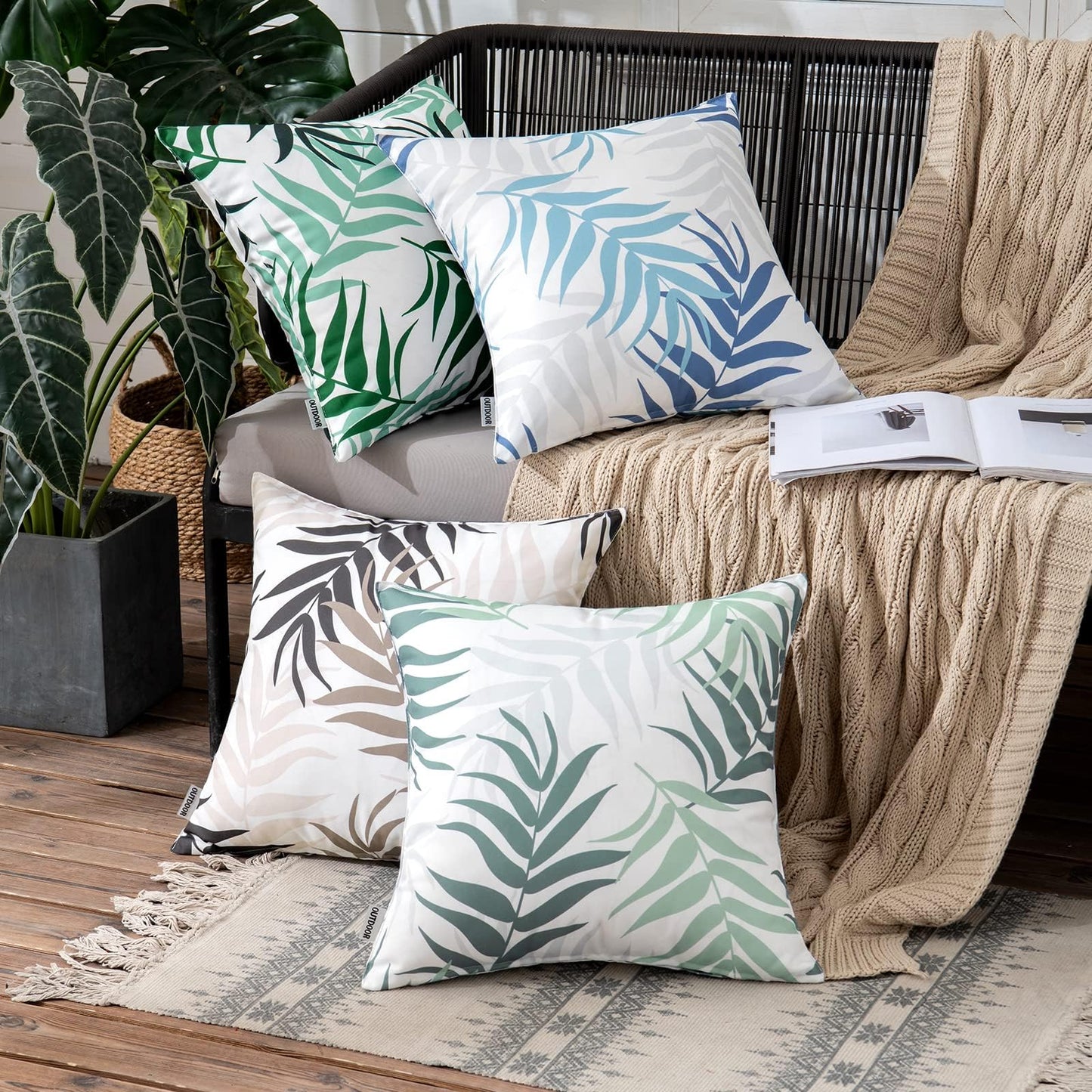 MIULEE Pack of 2 Decorative Outdoor Waterproof Throw Pillow Covers Patio Pillow Cases Natural Leaves Pattern Spring Square Cushion Shams Shell for Garden Balcony Couch 16x16 Inch, Greyish Green