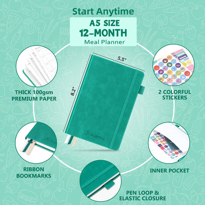 JUBTIC Meal Planner Notebook, Weekly & Daily Meal Prep Journal with Shopping and Grocery Lists for Food Planning Menu Planning Healthy Diet and Habits Tracker, Last 1 Year,Undated, A5, Green