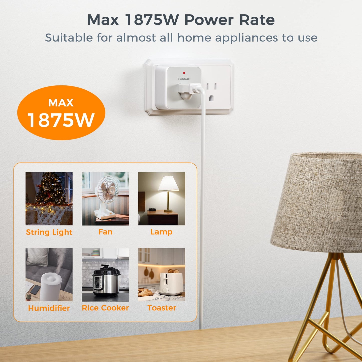 Remote Control Outlet, TESSAN Wireless Light Switch, On Off Switch Plug for Lights, Lamps, Fans, Household Appliances, 100ft RF Range, 15A/1875W(1 Remote + 1 Outlet)