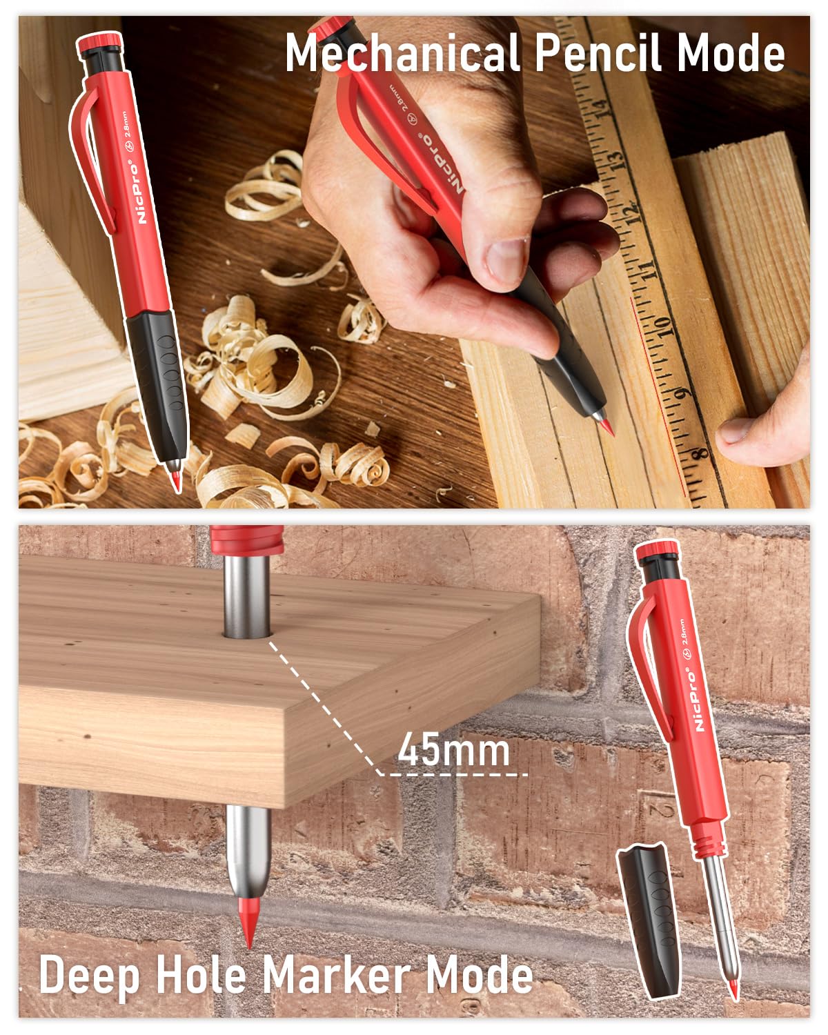 Nicpro 2 Pack Carpenter Pencil Set with Sharpener & Finger Grip, Mechanical Woodworking Pencils with 26 Refills (Red, Black, Yellow), Deep Hole Marker Heavy Duty Construction Pencils - With Case