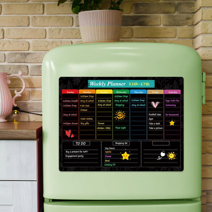 MaxGear Black Weekly Dry Erase Board,16"x12" Magnetic Whiteboard Meal Planner Blackboard for Fridge, Chalkboard Calendar Menu Planning Board Notepad for Kitchen with 7 Markers and 1 Eraser