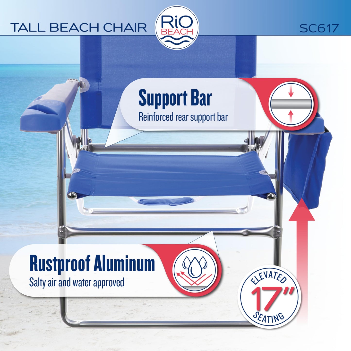 Rio Brands 17" Extended Height 4-Position Folding Beach, Camping, Lawn Chair, Blue/White/Green