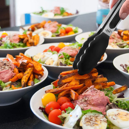 Kaluns Kitchen Tongs for Cooking Grilling Set of 4, BBQ Grill Tongs With Silicone Tip Stainless Steel Heat Resistant, Non-stick Pull Lock, Incl 7, 9, 12 Inch Tong Plus a Silicone Spatula