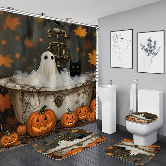 Nkzply 4 Pcs Halloween Shower Curtain Ghost Shower Curtain Set Scary Pumpkin Bathroom Sets with Shower Curtain and Rugs Spooky Black Cat Bird Vintage Bathtub Bathroom Decor Toilet Lid Cover Hooks