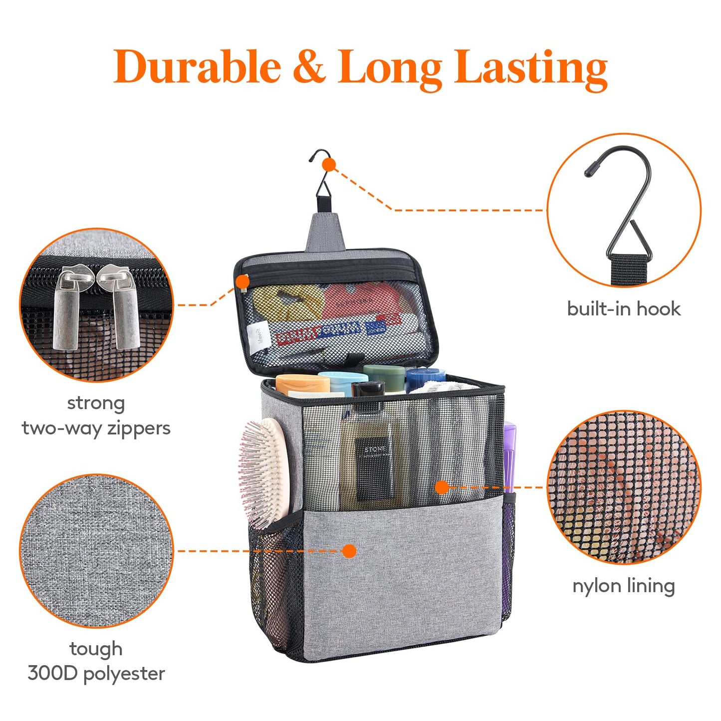 Lifewit Mesh Shower Caddy Bag Portable College Dorm Room Essentials Caddy Tote Basket for Bathroom, Gym, Travel, Camping Quick Dry Hanging Shower Organizer Toiletry Bag for Women Wen, Large, Gray