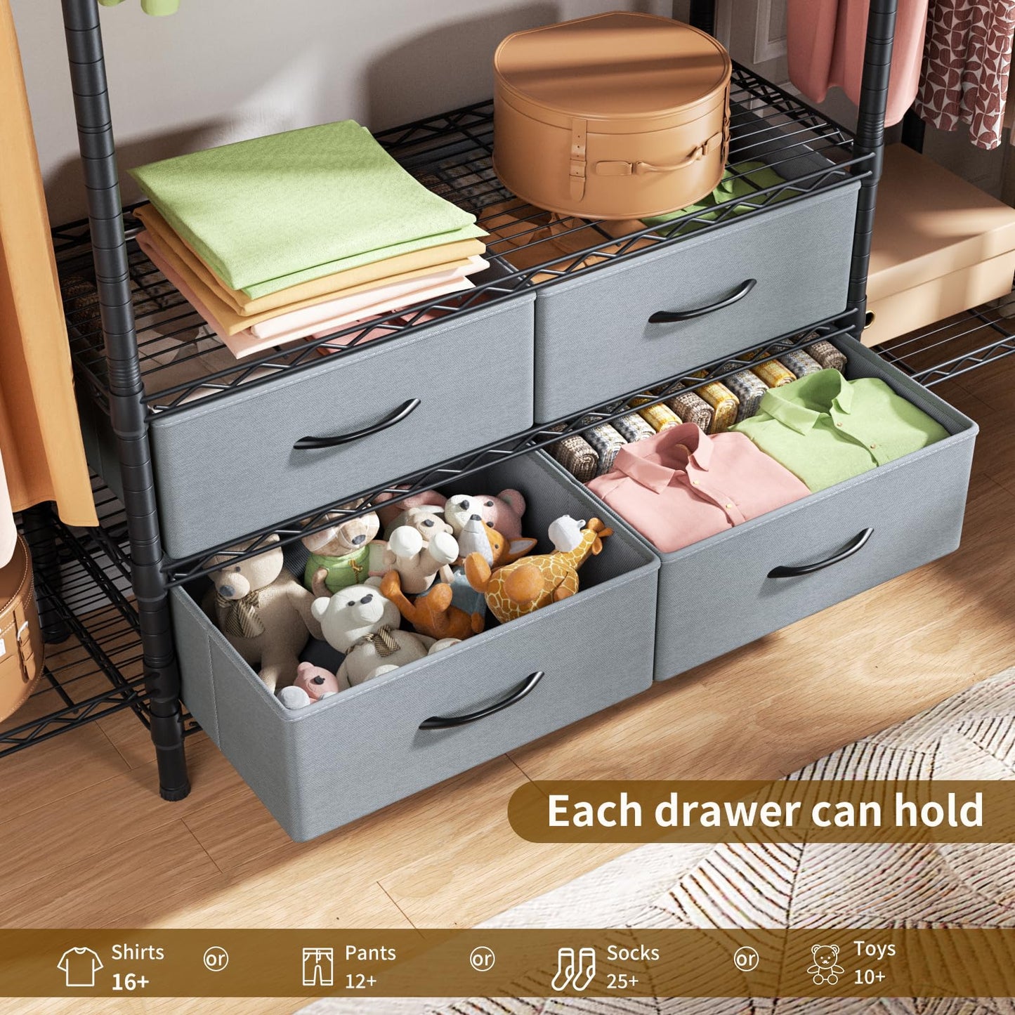 Large Garment Rack Heavy Duty Clothes Rack,Freestanding Closet Portable Clothing Rack with 8 Adjustable Wire Shelves,3 Hang Rods,4 Fabric Drawers,2 Hooks,Metal Closet Storage Wardrobe,MaxLoad 900lbs