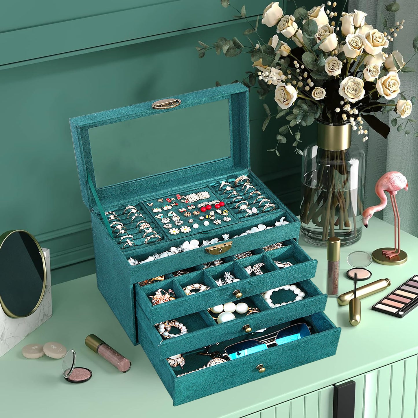 QBestry Large Jewelry Box for Women with Lock,4 Layer Glass Lid Jewelry Organizer with Drawers,Green Velvet Jewelry Storage Organizer Box for Bracelet Ring and Earring Jewelry Box with Sunglass Holder