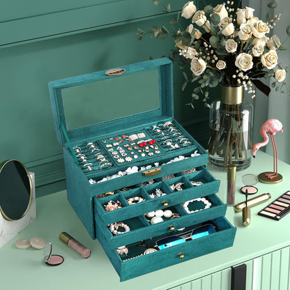 QBestry Large Jewelry Box for Women with Lock,4 Layer Glass Lid Jewelry Organizer with Drawers,Green Velvet Jewelry Storage Organizer Box for Bracelet Ring and Earring Jewelry Box with Sunglass Holder