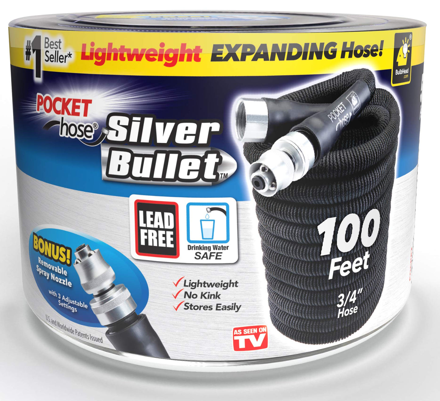 Pocket Hose Silver Bullet 100 ft Turbo Shot Nozzle Multiple Spray Patterns Expandable Garden Hose 3/4 in Solid Aluminum Fittings Lead-Free Lightweight and No-Kink, Black