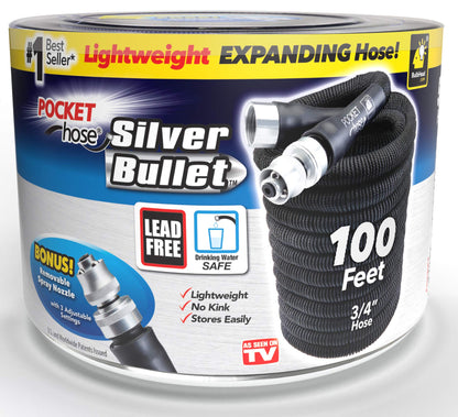 Pocket Hose Silver Bullet 100 ft Turbo Shot Nozzle Multiple Spray Patterns Expandable Garden Hose 3/4 in Solid Aluminum Fittings Lead-Free Lightweight and No-Kink, Black