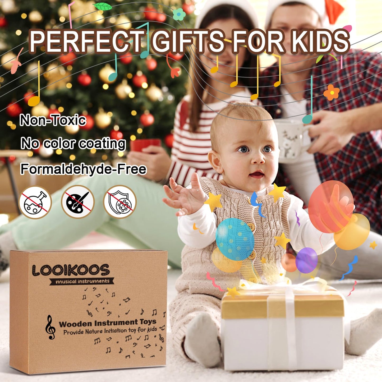 LOOIKOOS Toddler Musical Instruments Montessori Natural Wooden Percussion Instruments for Kids Preschool Educational Musical Toys Set for Boys and Girls with Storage Bag