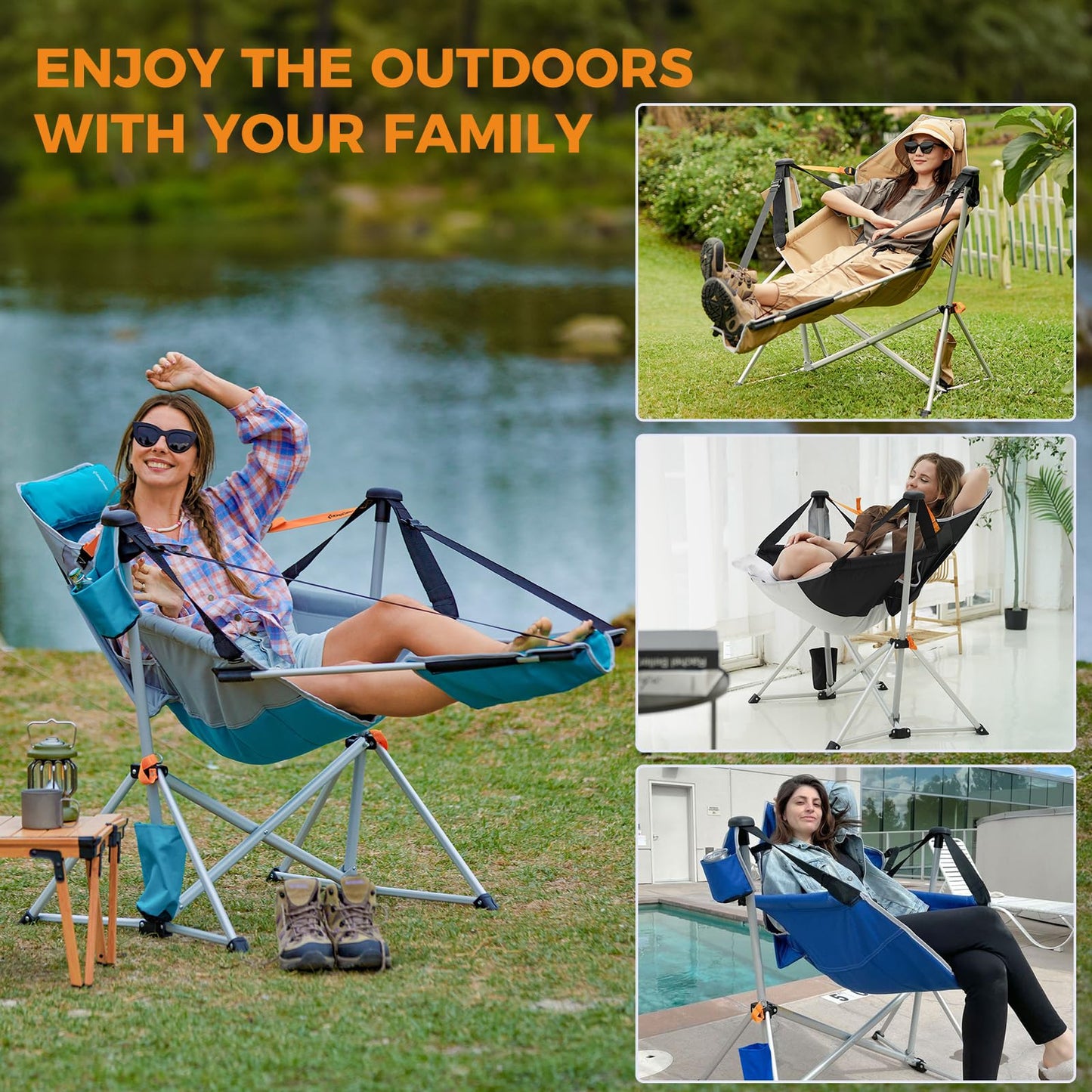 KingCamp Hammock Chair with Footrest, Swinging Portable Folding Camping Chairs for Adults MAX 400lbs Heavy Duty Foldable Oversized Rocker with Cup Holder Pillow for Outdoor Beach Patio Sport Lawn