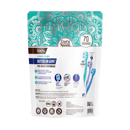 GuruNanda Ready-to-Go Disposable Mini Travel Toothbrushes - Butter on Gums Softex Bristles, Pre-Pasted Toothbrush & Toothpick - Fluoride-Free, No Rinsing Needed, 70 Ct