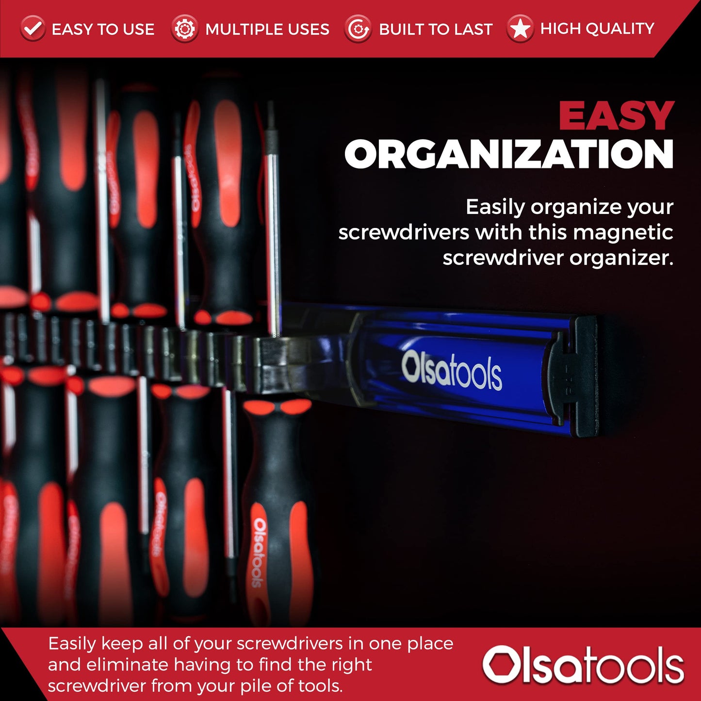 Olsa Tools Magnetic Screwdriver Organizer - Screwdriver Holder with Strong Magnets and Foam Backing - Professional Tool Holder and Tool Organizer - Stores up to 16 Screwdrivers - Blue - Part: 1114