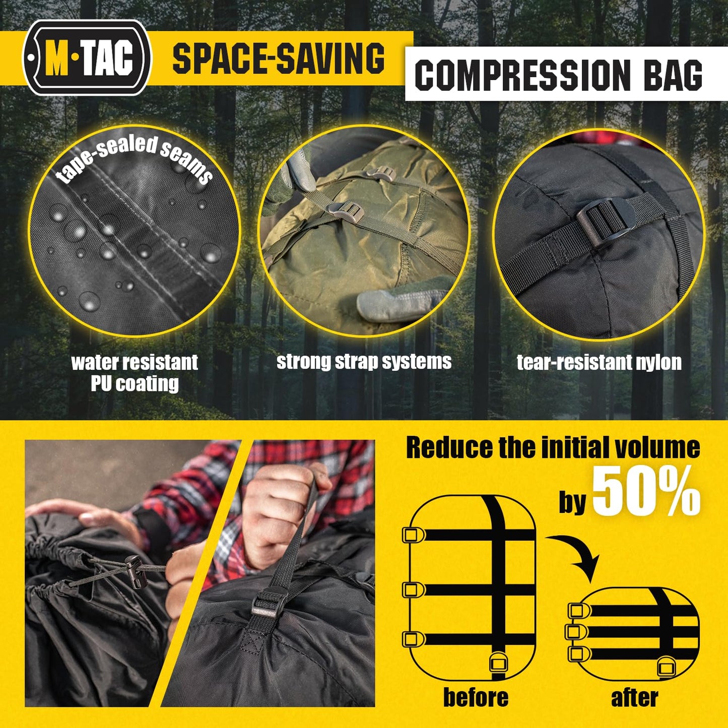 M-Tac Compression Stuff Sack for Sleeping Bag Military Water Resistant Compression Bag Lightweight Nylon Compression Sack for Travel, Camping, Hiking, Outdoor (Black, XL - 40 liters)