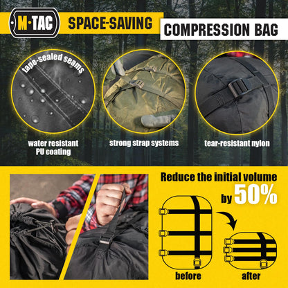 M-Tac Compression Stuff Sack for Sleeping Bag Military Water Resistant Compression Bag Lightweight Nylon Compression Sack for Travel, Camping, Hiking, Outdoor (Black, XL - 40 liters)