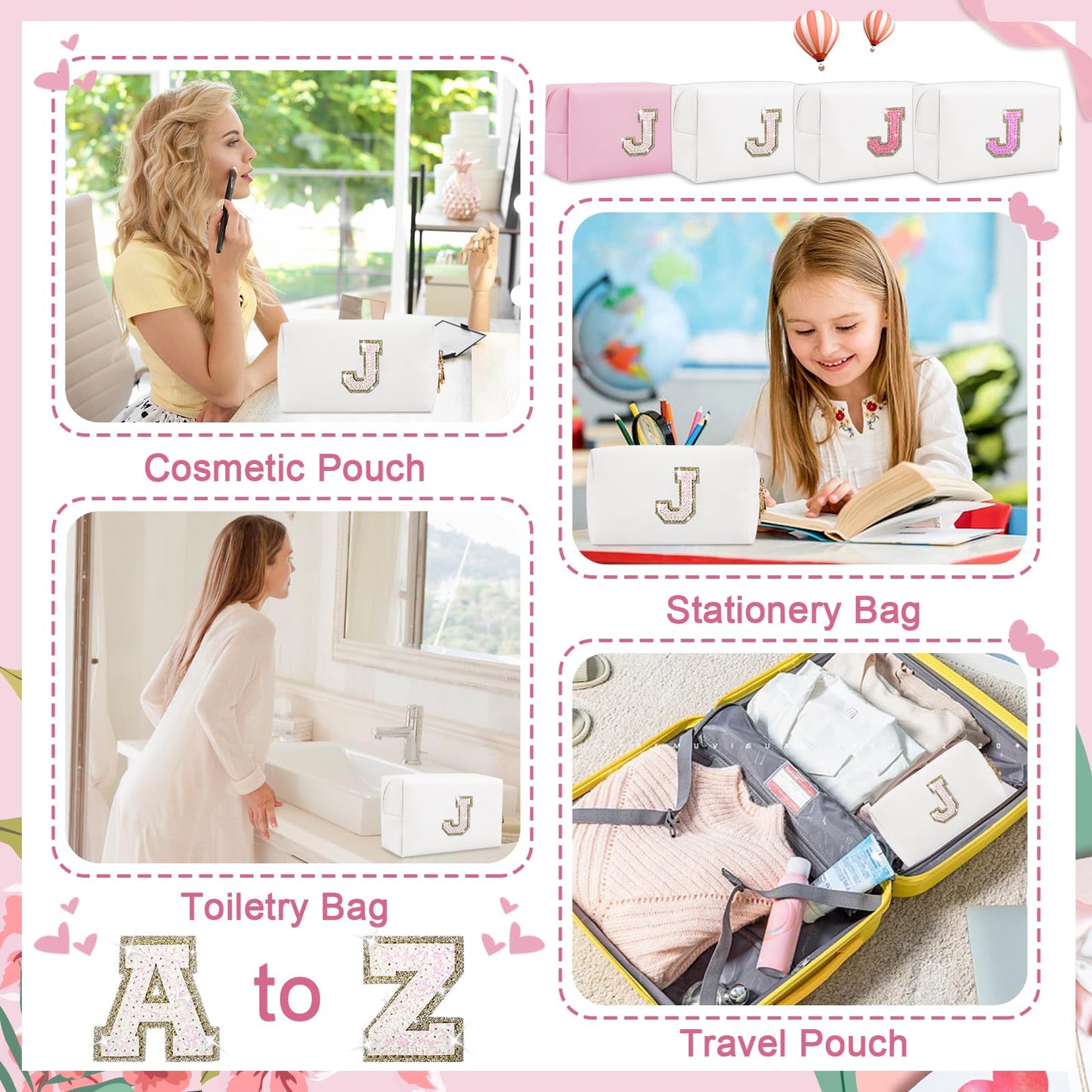 Personalized Initial A-Z Preppy Patch Makeup Bag, Small White PU Leather Cute Glitter Letter Cosmetic Bag with Zipper, Monogram Travel Toiletry Organizer Makeup Case Christmas Gifts for Women Girls,J