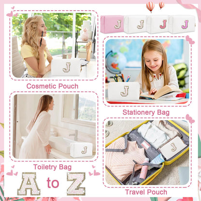 Personalized Initial A-Z Preppy Patch Makeup Bag, Small White PU Leather Cute Glitter Letter Cosmetic Bag with Zipper, Monogram Travel Toiletry Organizer Makeup Case Christmas Gifts for Women Girls,J