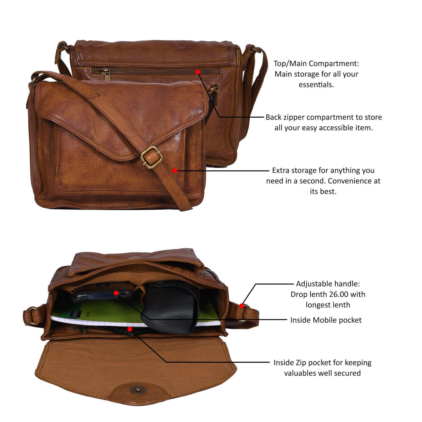 Leather Flapover Crossbody Handbag Purse for Women with Adjustable Strap & Overflap Snap Closure Tote/Bag (Tan wash)