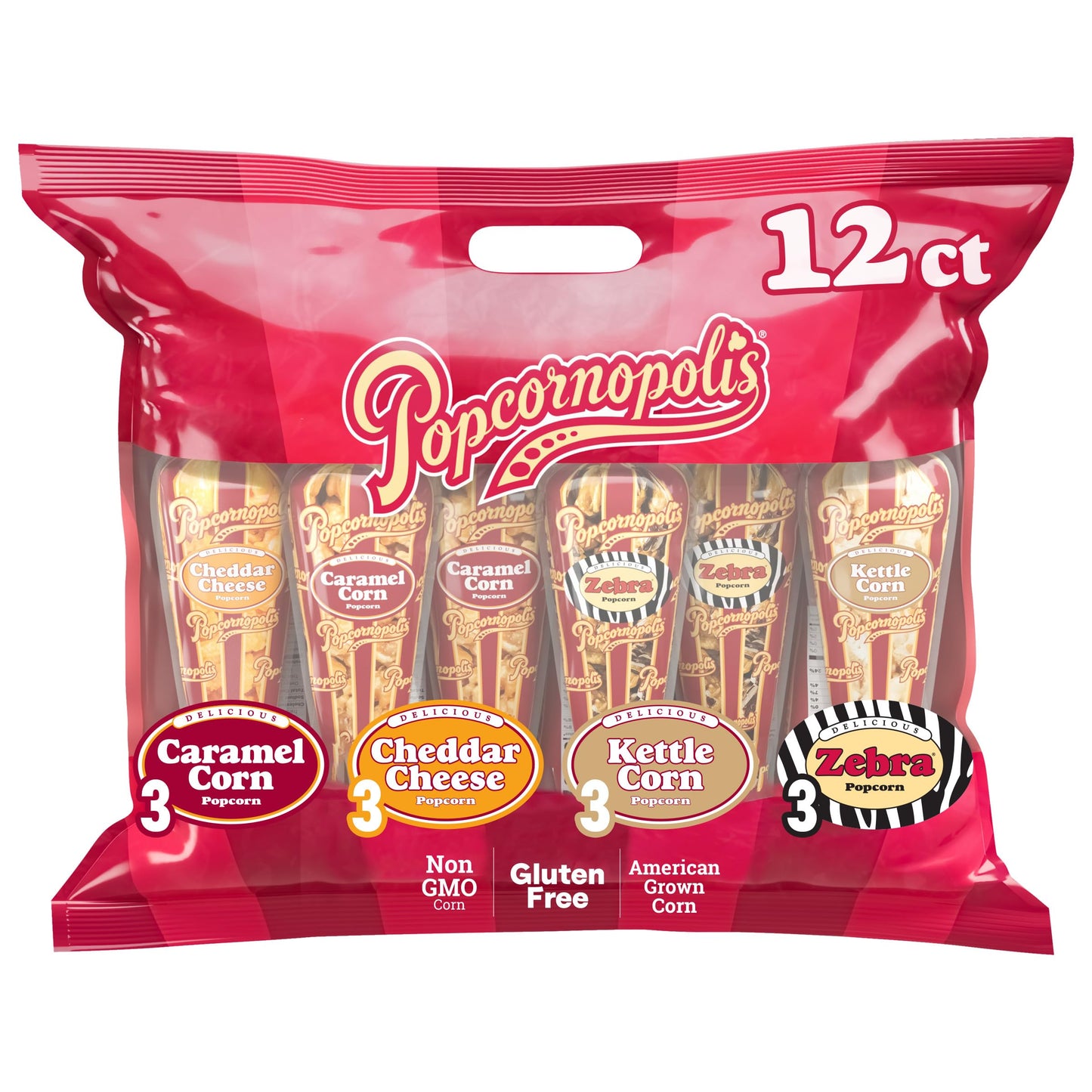 Popcornopolis Gourmet Popcorn Cone Variety Pack – Zebra, Cheddar Cheese, Caramel & Kettle Corn Popcorn, Great for Gifting & Sharing (12-Count)