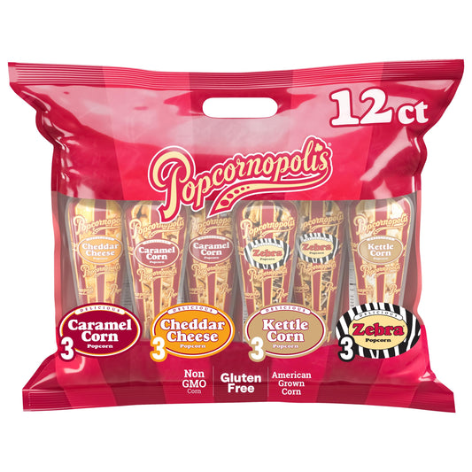 Popcornopolis Gourmet Popcorn Cone Variety Pack – Zebra, Cheddar Cheese, Caramel & Kettle Corn Popcorn, Great for Gifting & Sharing (12-Count)