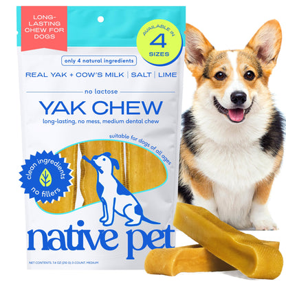 Native Pet Yak Cheese Himalayan Dog Chews - Long Lasting Dental Sticks for Medium Breeds – 100% All Natural Himalayan Yak Chews for Medium Dogs – Cheese Bone for Aggressive Chewers - 3 Per Pack