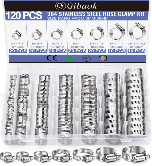 Hose Clamp- Qibaok 120 PCS Stainless Steel Hose Clamps Assortment Kit 1/4''–1-1/2'' Worm Gear Clamps for Fuel Line, Plumbing, Automotive, Mechanical Applications, Pipe, Tube, Radiator, Garden