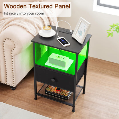 LOAKEKEL Night Stand Set 2, LED Nightstand with Charging Station, End Tables Living Room with Fabric Drawer, Small Side Tables for Bedroom, Small Space, Black, HETS01BK