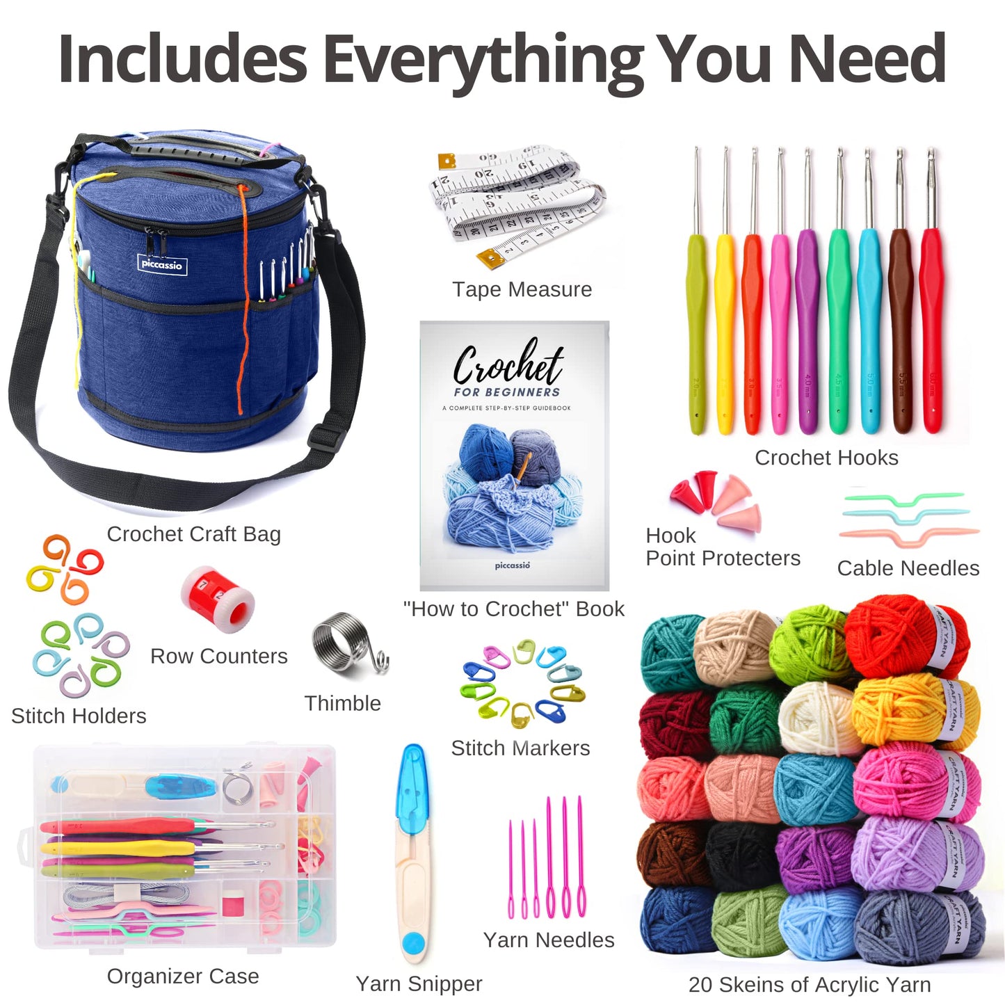 Piccassio Crochet Kit for Beginners – Complete Starter Set for Adults & Teens with 20 Yarn Colors, Hooks, Book & Organizer Bag – Learn to Make Amigurumi, Plushies & Handmade Gifts