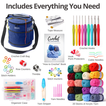 Piccassio Crochet Kit for Beginners – Complete Starter Set for Adults & Teens with 20 Yarn Colors, Hooks, Book & Organizer Bag – Learn to Make Amigurumi, Plushies & Handmade Gifts
