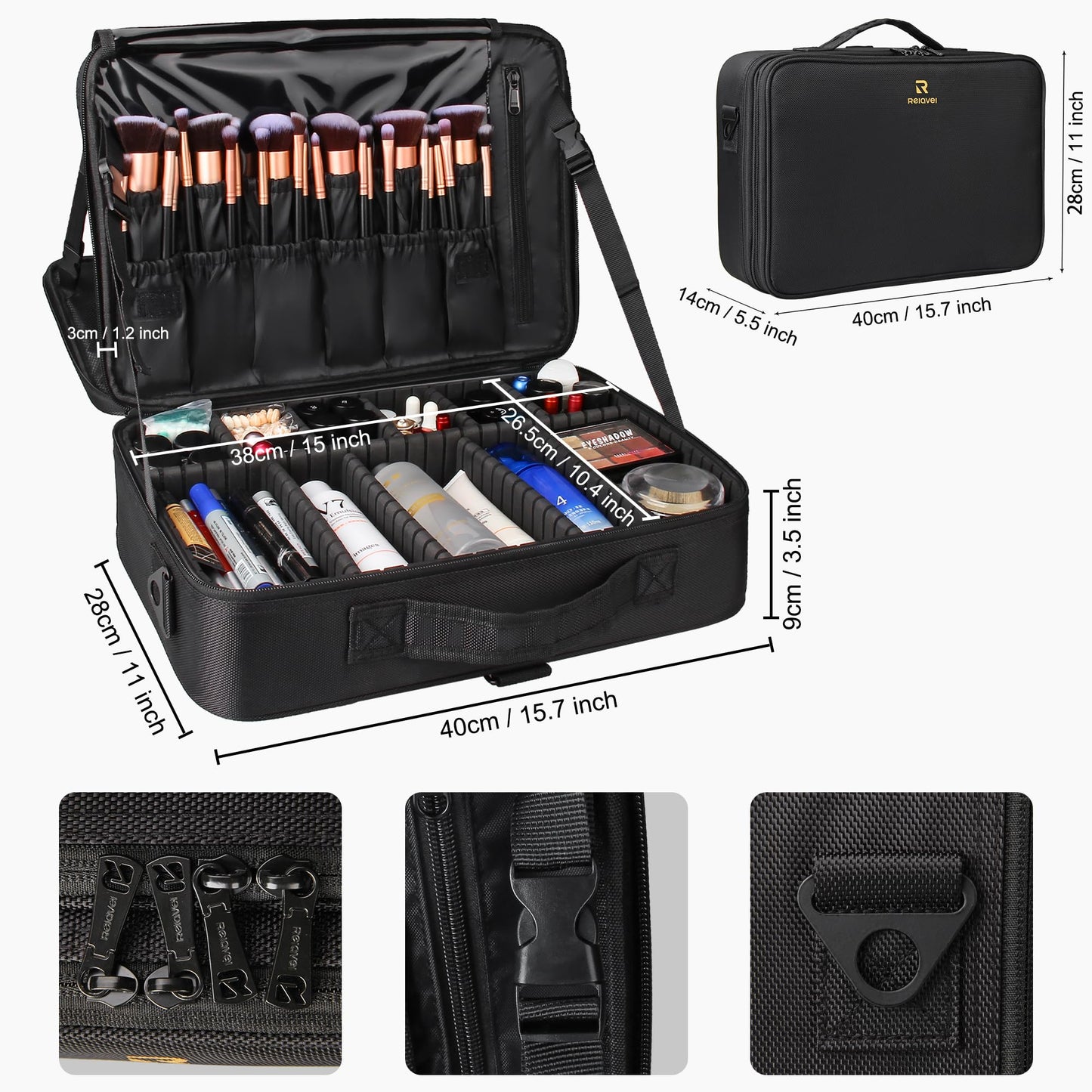 Relavel Makeup Case Large Makeup Bag Professional Train Case 16.5 inches Travel Cosmetic Organizer Brush Holder Waterproof Makeup Artist Storage Box, 3 Layer Large Capacity, with Adjustable Strap