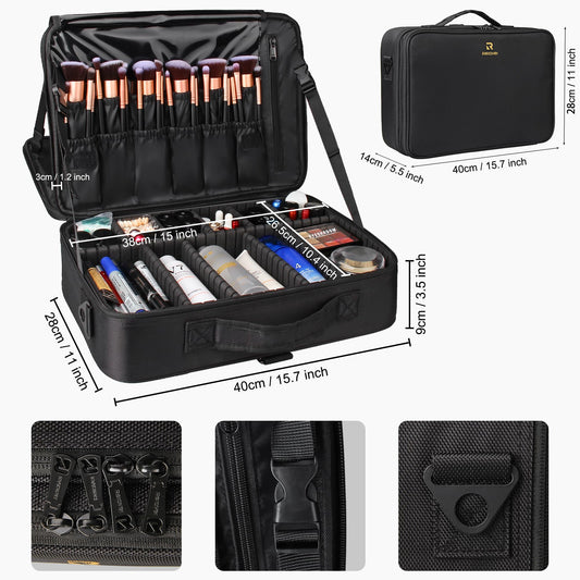 Relavel Makeup Case Large Makeup Bag Professional Train Case 16.5 inches Travel Cosmetic Organizer Brush Holder Waterproof Makeup Artist Storage Box, 3 Layer Large Capacity, with Adjustable Strap