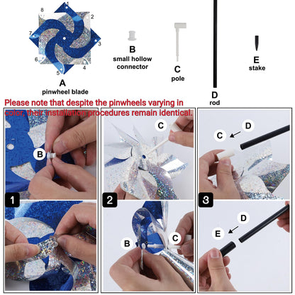 Hausse 10 Pack Reflective Pinwheels with Stakes (Assembly Required), Extra Sparkly Pin Wheel for Garden Decor, Bird Repellent Devices Deterrent to Scare Birds Away from Yard Patio Farm