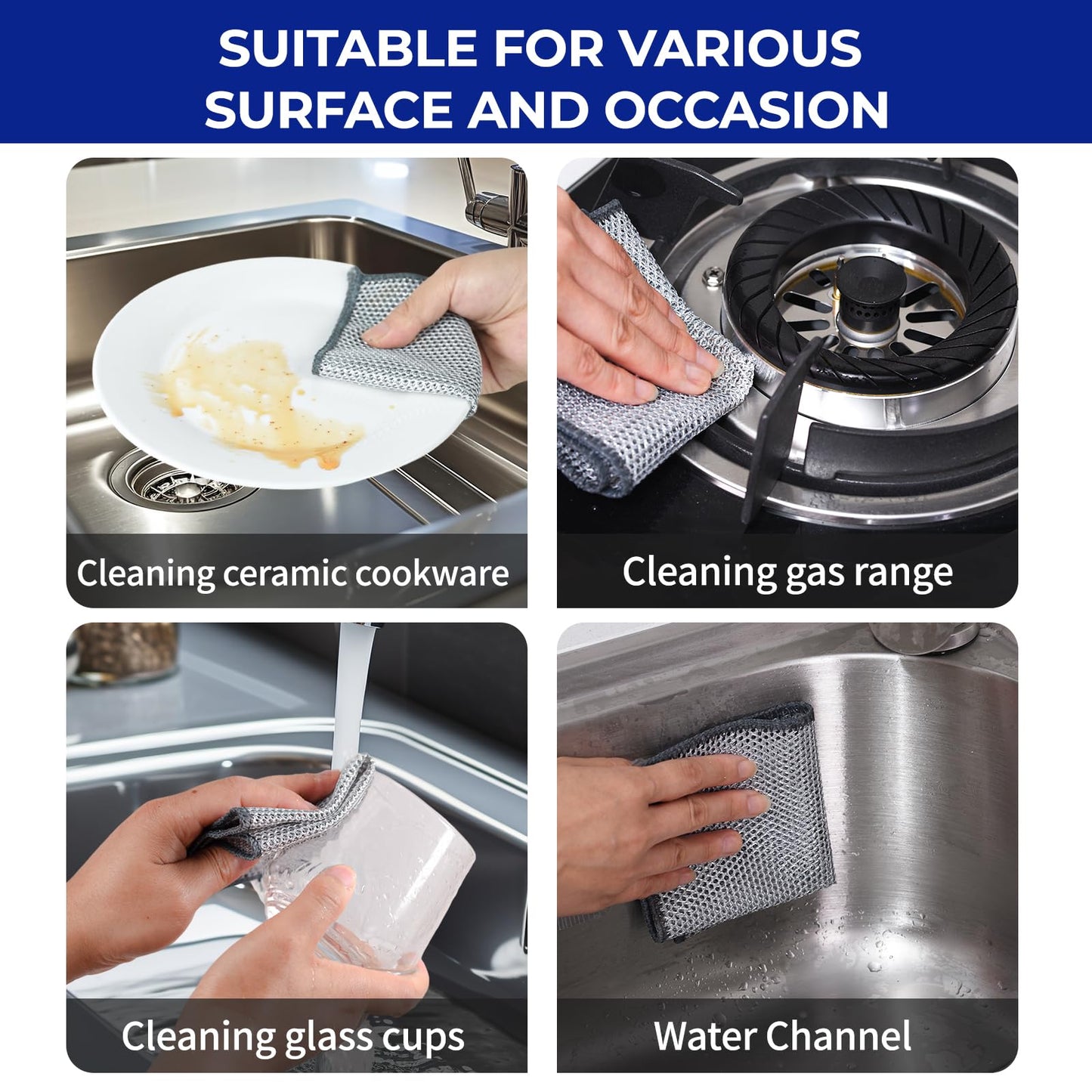 12 PCS New Upgrade 3-Layer Non-Scratch Multipurpose Steel Wire Dishcloths - Reusable Quick-Dry Odor-Free Scrub Cloths for Dishes, Kitchen Cleaning Cloths for Cookware, Sinks, Stove Tops 7.87“ x 7.87”
