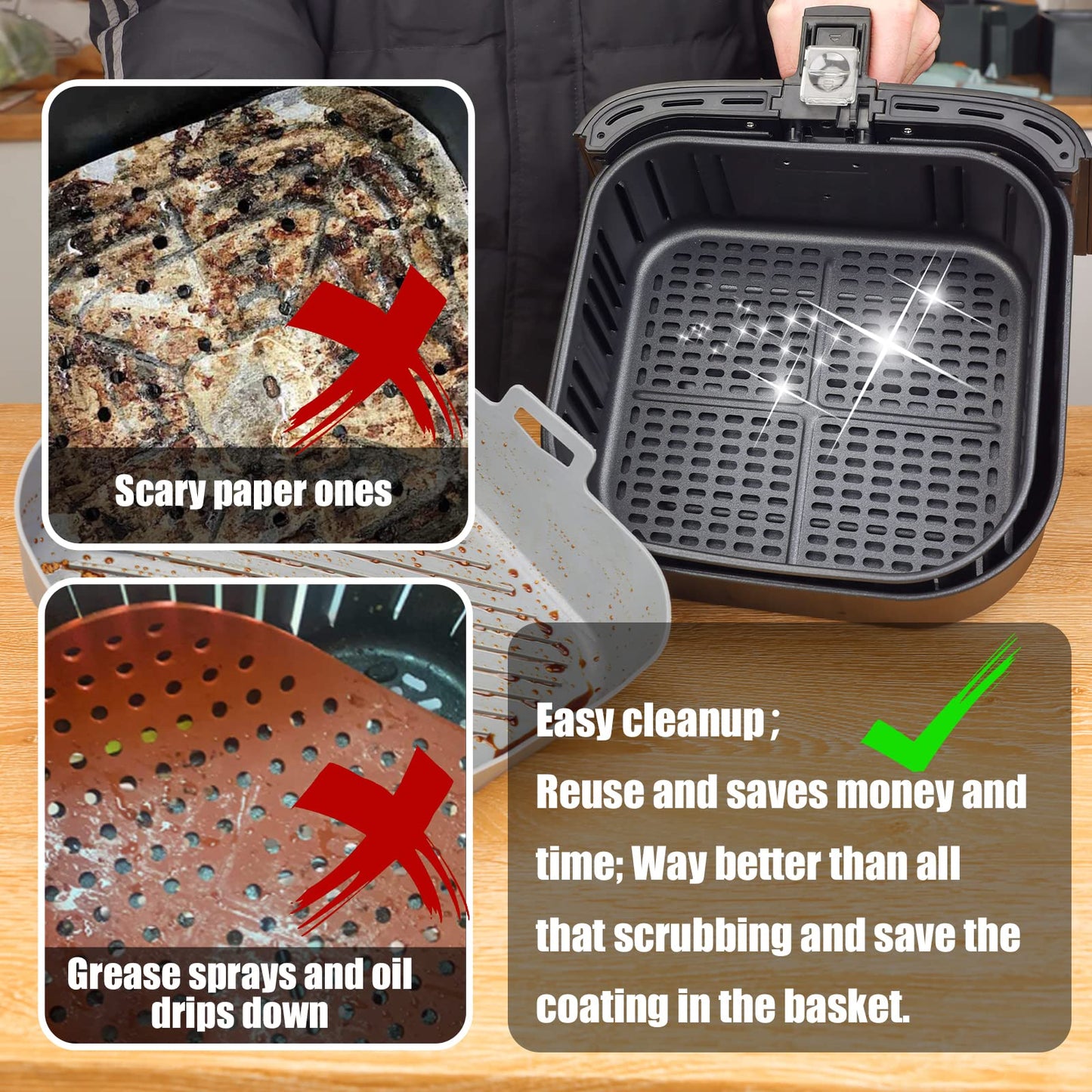 Golden Associate Silicone Liners Square for Air Fryer, 2 Pcs Non-stick Food-grade Reusable Basket Silicone Pot Baking Tray Airfryer Accessories, Top Size 9 inches, Bottom Size 8 inches