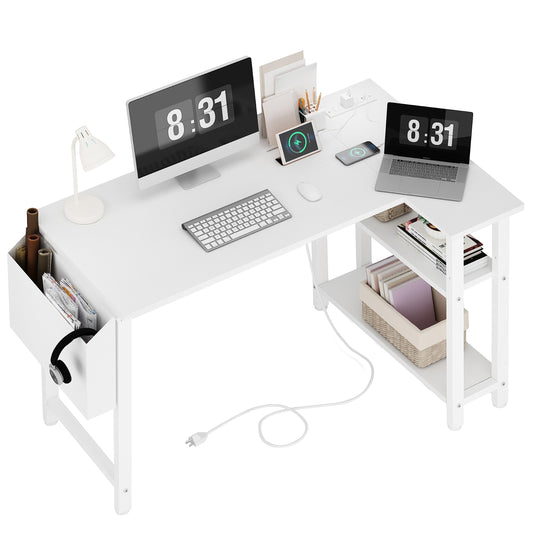 Lufeiya White L Shaped Computer Desk with Power Outlet Shelves, 40 Inch Small Reversible Corner Desk for Small Space Home Office, L-Shaped Desk PC Desks, White