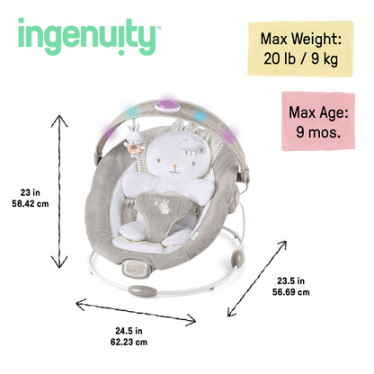 Ingenuity InLighten Baby Bouncer Infant Seat with Light Up -Toy Bar, Vibrations, Tummy Time Pillow & Sounds, 0-6 Months Up to 20 lbs (Twinkle Tails Bunny)
