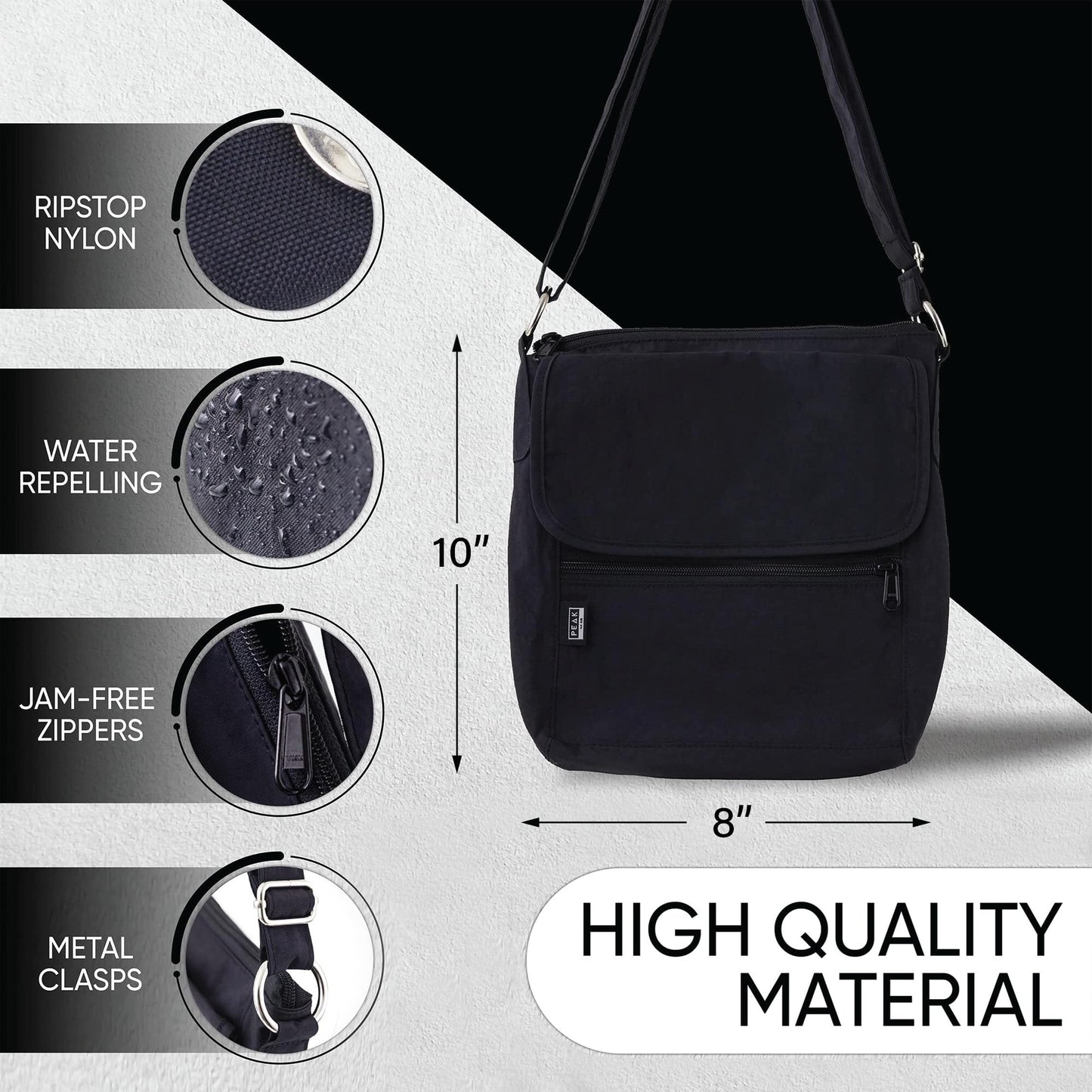 Peak Gear Crossbody Travel Purse with RFID Blocking Pocket and Lifetime Recovery Service. Versatile and Stylish Nylon Shoulder Bag | Black