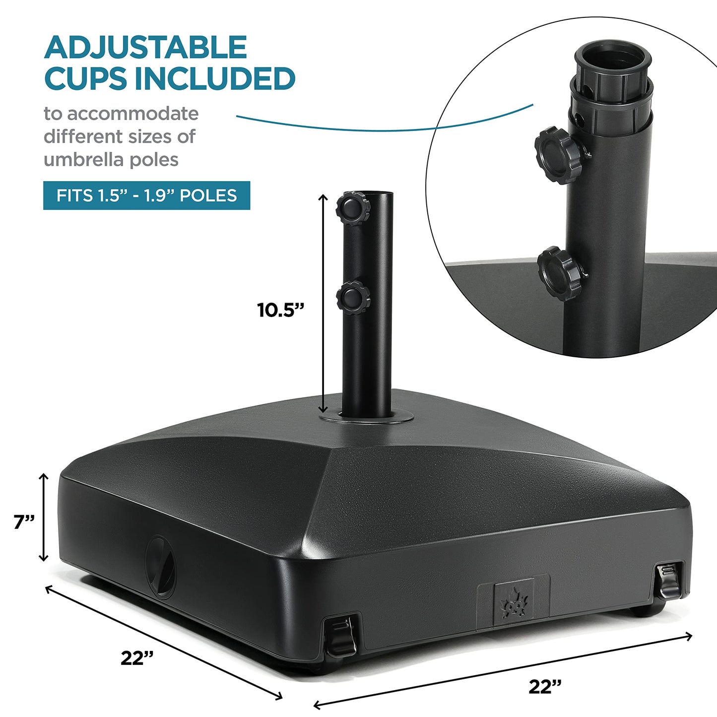 maple99 Umbrella Base - Fillable Umbrella Pole Holder 2 Knobs, with Heavy Duty Windproof Design for Patio, Deck, Poolside, Garden. 4 Wheels, 2 Locks, Holds 125 lbs, Classic Black